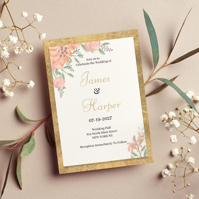 Invitation Couleurs pastel or aquarelle cadre fleuri Mariage (Pastel colors gold watercolor floral frame Wedding )