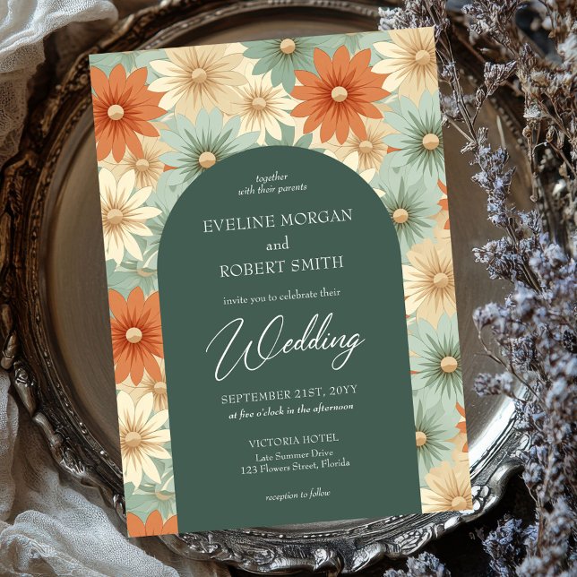 Invitation Couleurs pastel super rétro fleurs arche boho (retro groovy pastel colorful flowers boho arch wedding invitation)