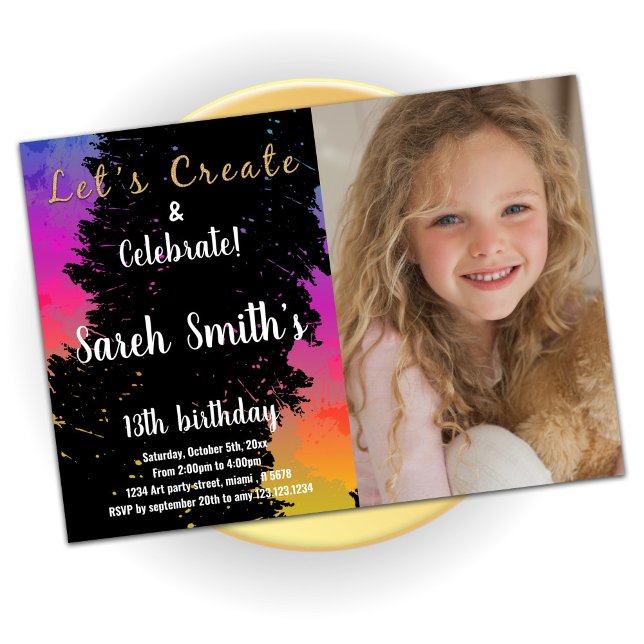 Invitation Couleurs Roses Noir Peint Anniversaire Avec Photo (Créateur téléchargé)