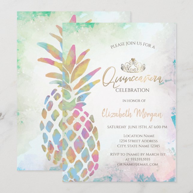 Invitation Couleurs Tropicales Palmier Ananas Été (Devant / Derrière)