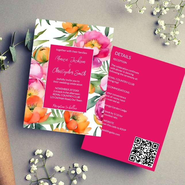 Invitation Couleurs vives rose orange pivoines tout en un mar (Bold colors pink orange peonies all in one wedding invitation template digital download QR RSVP)