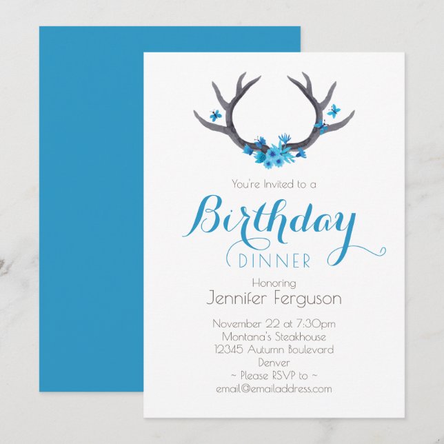 Invitation Country Antlers Bleu Anniversaire (Devant / Derrière)