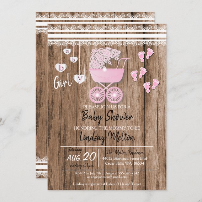 Invitation Country Baby Girl Douche Design (Devant / Derrière)