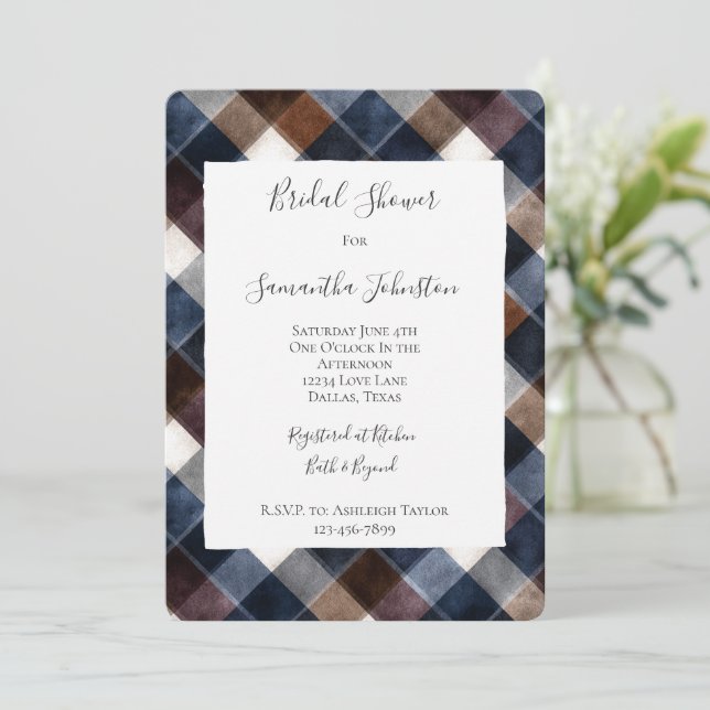 Invitation Country Blue Red White Squares Bridal Shower (Debout devant)