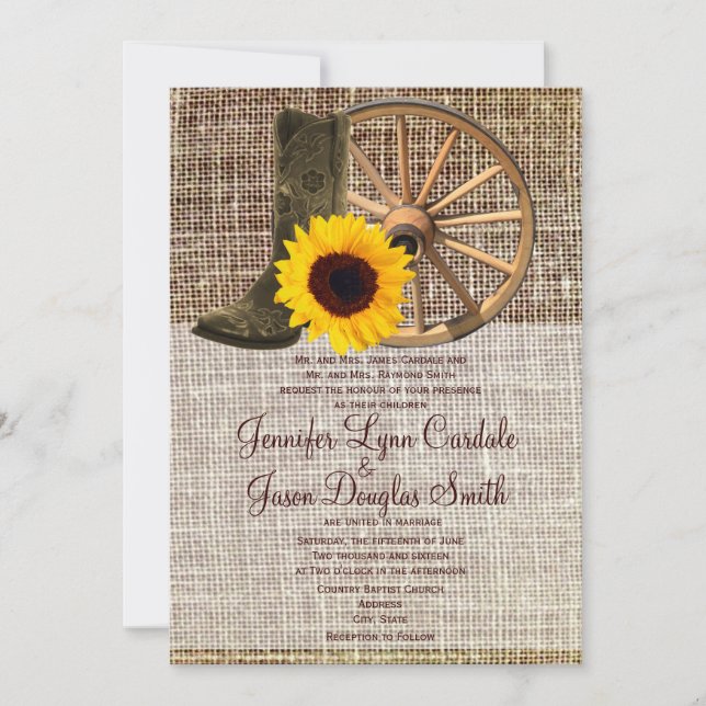 Invitation Country Burlap Cowboy Boots Sunflower Mariage (Devant)
