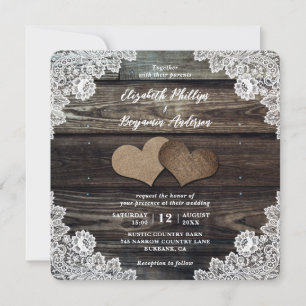 Invitation Country Burlap Hearts Floral dentelle Mariage en b