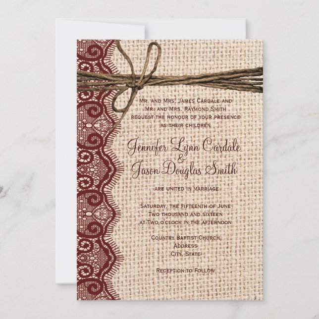 Invitation Country Burlap Maroon Lace Twine Wedine Wedding In (Devant)