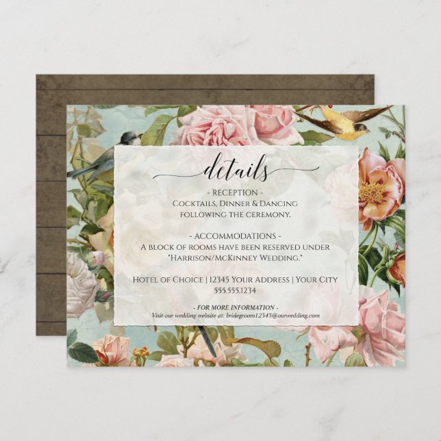 Invitation Country Chic Floral Dusty Rose Bleu Détails (Devant / Derrière)