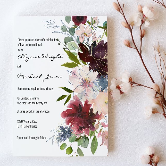 Invitation Country chic gold burgundy pink floral Wedding (Country chic gold burgundy pink floral Wedding )