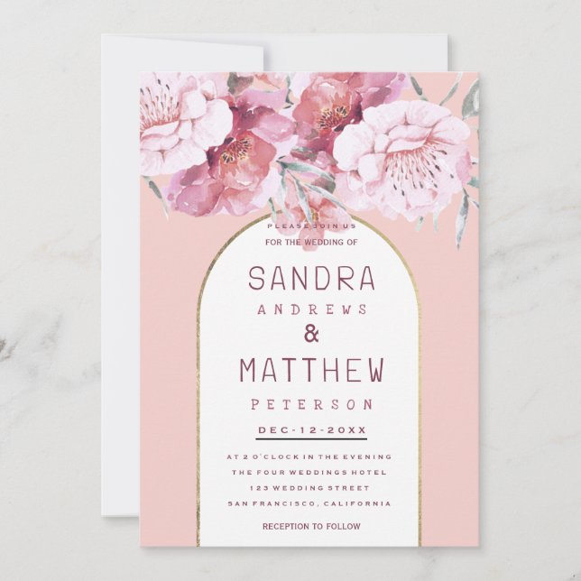 Invitation Country chic mint pastel pink gold floral wedding  (Devant)