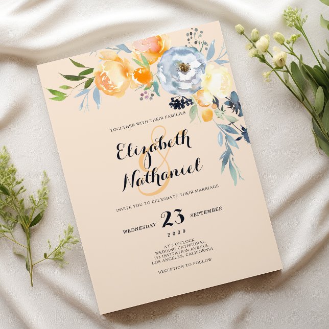 Invitation Country chic orange blue ivory floral wedding (Country chic orange blue ivory floral wedding)