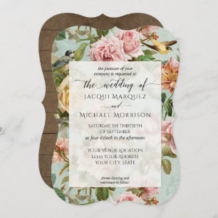 Invitation Country Chic Rose Fleur rose Mariage en bois rusti