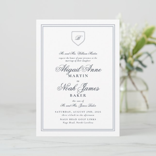 Invitation Country Club Formal Elegant Bleu Mariage rayé (Debout devant)