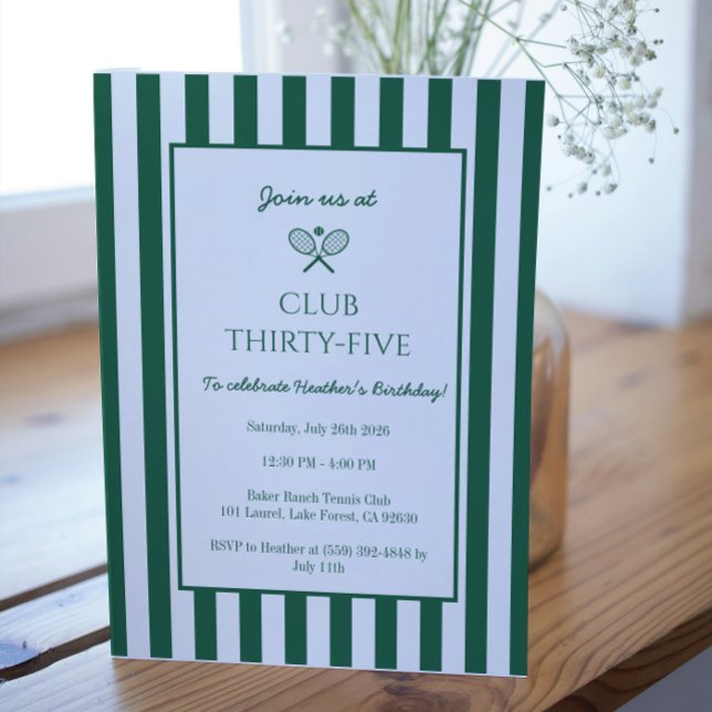 Invitation Country Club Tennis Anniversaire fête Green Stripe (Créateur téléchargé)