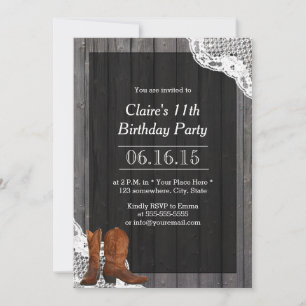Invitation Country Cowboy Boots dentelle et bois fête d'anniv