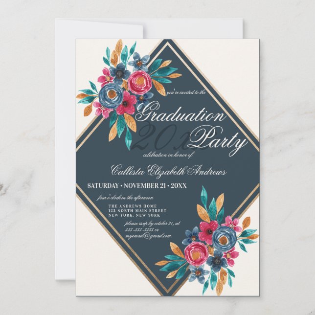 Invitation Country Fall Gold Watercolor Flowers Graduation (Devant)