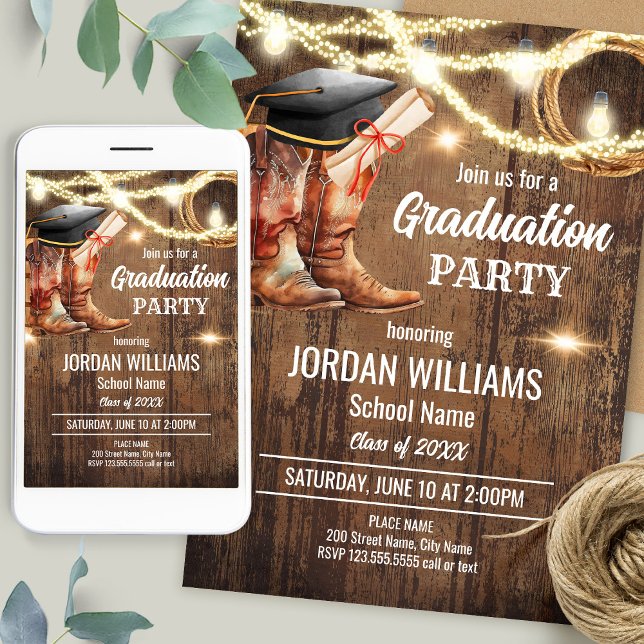 Invitation Country Graduation Cowboy Graduate Boots Hat (Créateur téléchargé)