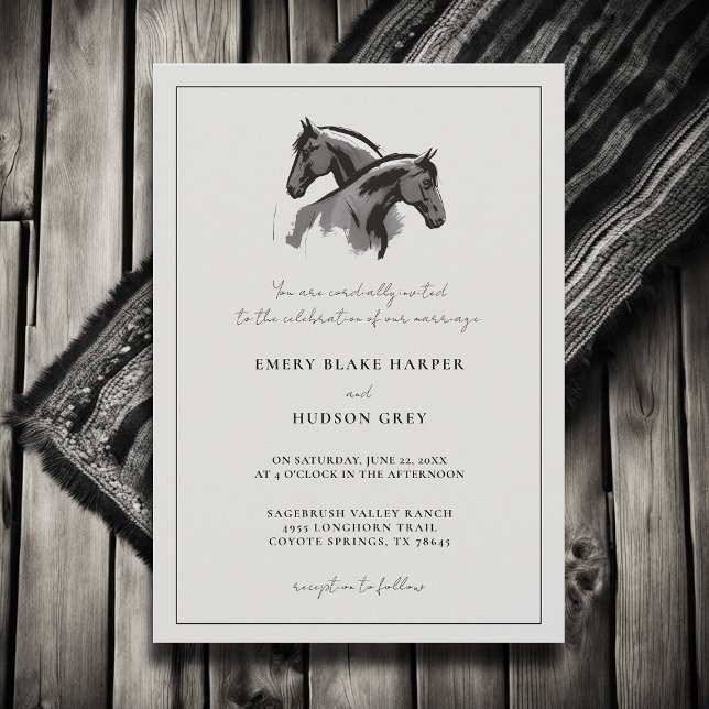 Invitation Country Horses Frame Western Elegant BW Mariage (country wedding invitation western cowboy horses art sketch frame black white elegant rustic modern)