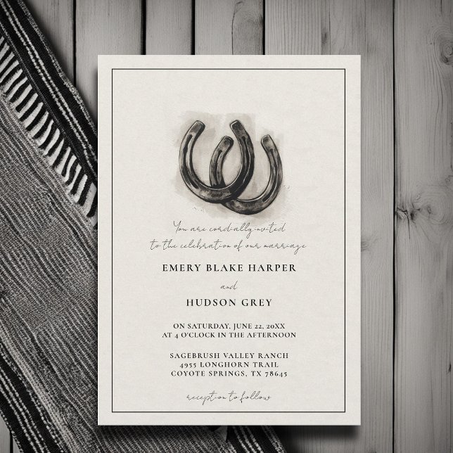 Invitation Country Horseshoe Art Western Elegant BW Mariage (country wedding invitation western cowboy horseshoes artistic frame black white elegant formal)
