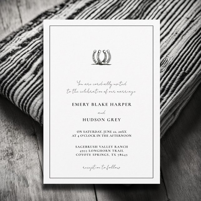 Invitation Country Horseshoe Frame Western Elegant BW Mariage (country wedding invitation western cowboy horseshoes art sketch frame black white elegant formal)