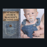 Invitation Country Kid Birthday Party Denim Jean Style<br><div class="desc">Téléchargez votre photo préférée de votre bon vieux garçon ou fille pour fêter un anniversaire spécial! Douce et décontracté, cette invitation captivante inclut la grande photo de votre enfant, avec des éléments en jeans bleus denim accent tels qu'un étiquette d'étiquette de produit d'apparence en cuir, des points de suture et...</div>
