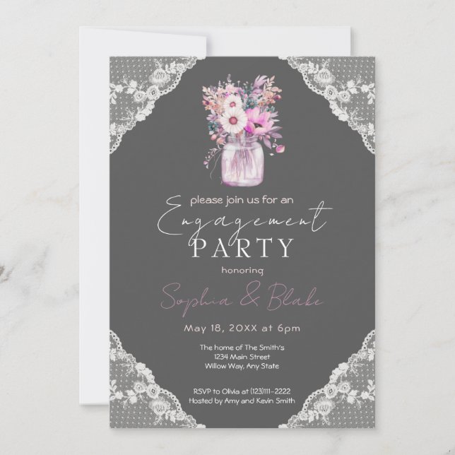 Invitation Country Lace Mason Jar Grey (Devant)