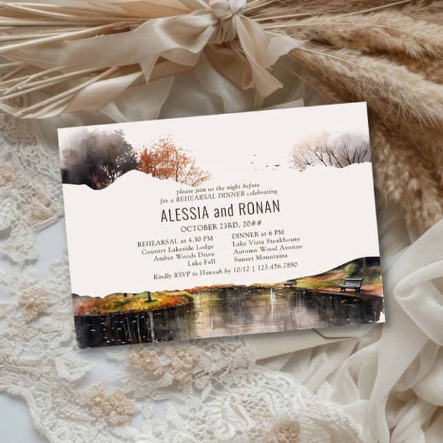 Invitation Country Lake Watercolor Wedding Rehearsal Dinner (Fall Lake Wedding Rehearsal Dinner Invite by Darling & May - buy digital file or professional prints)