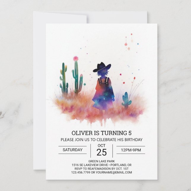 Invitation Country Life Watercolor Cowboy Anniversaire (Devant)