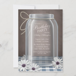 Invitation Country Mason Jar Blue En vichy fête d'anniversair