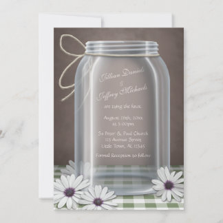 Invitation Country Mason Jar Daisy Mariage Brown vert