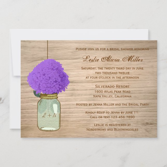 Invitation Country Russe Mason Jar Hydrangea Fête de l'mariée (Devant)
