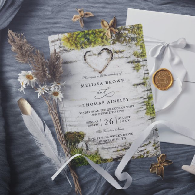 Invitation Country Rustic Birch Tree Bark QR Code Wedding (Créateur téléchargé)