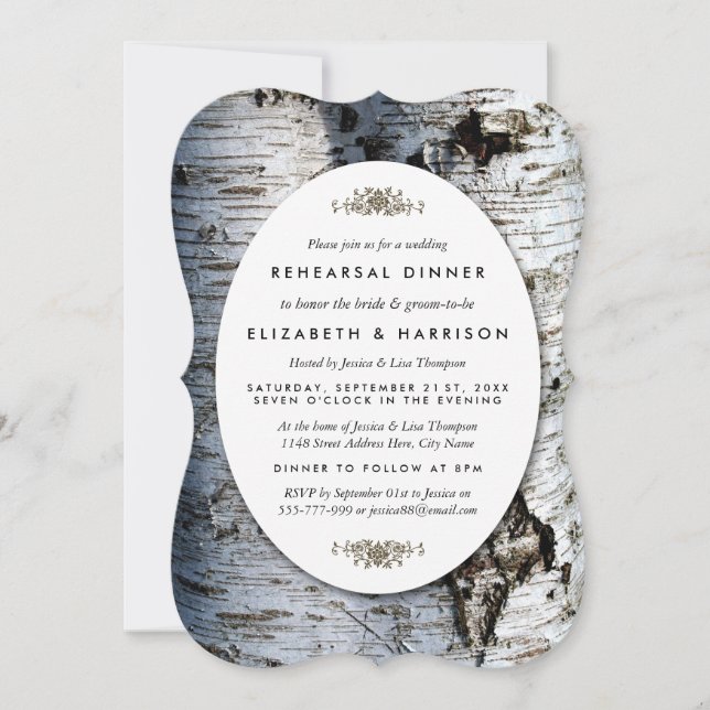 Invitation Country Rustic Birch Tree Dîner de répétition Mari (Devant)