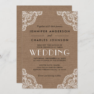 Invitation Country Rustic Burlap Lace Corner Mariage d'inform