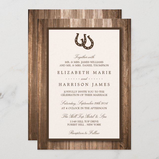 Invitation Country Rustic Horseshoe & Brown Wood Mariage (Devant / Derrière)