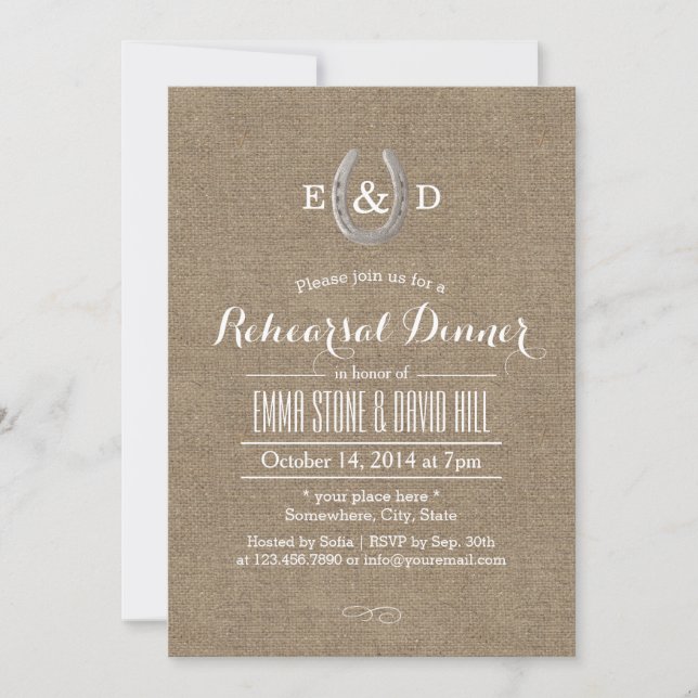 Invitation Country Rustic Horseshoe Dîner de répétition Burla (Devant)