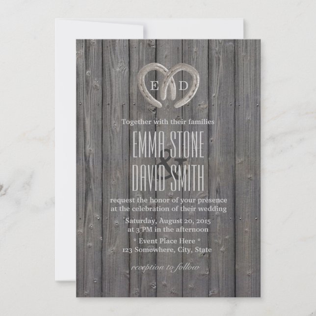 Invitation Country Rustic Horseshoe Heart Barn Wood Mariage (Devant)