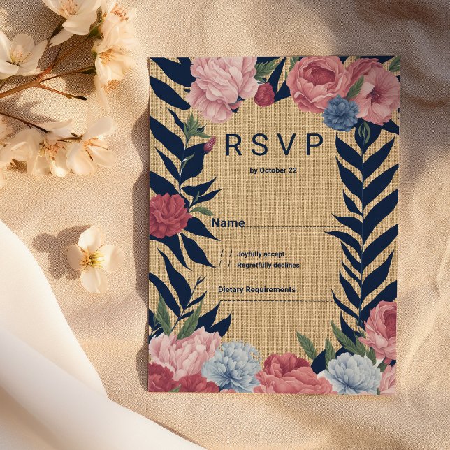 Invitation Country rustic ivory navy blue pink floral RSVP (Country rustic ivory navy blue pink floral RSVP)
