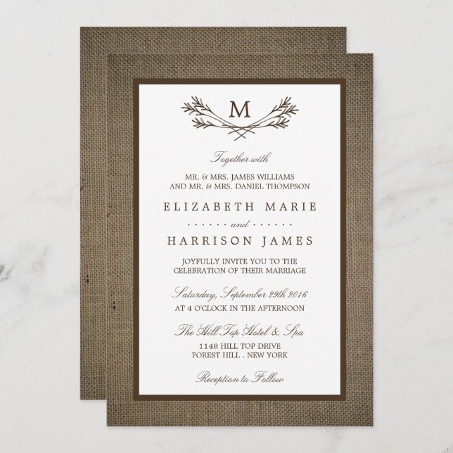 Invitation Country Rustic Monogramme Branche & Mariage Burlap (Devant / Derrière)