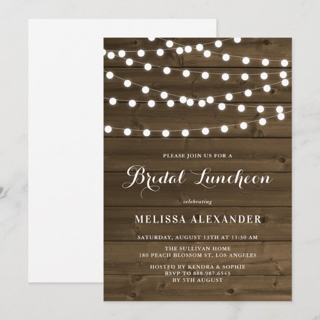 Invitation Country Rustic String Lights Bois Bridal Luncheon (Devant / Derrière)