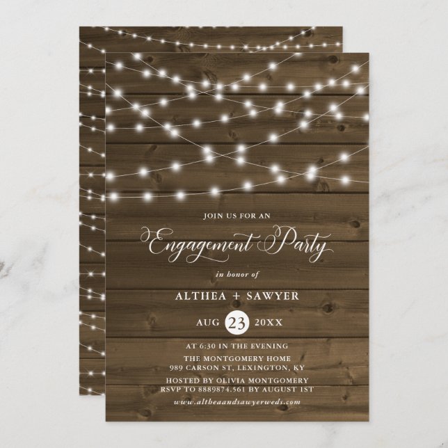 Invitation Country Rustic String Lights Partie d'engagement (Devant / Derrière)