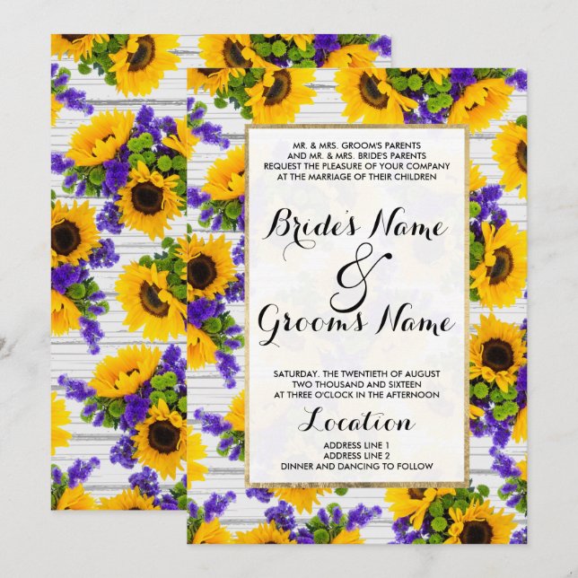 Invitation Country Rustic White Wood Purple Yellow Sunflower (Devant / Derrière)