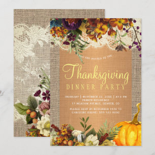 Invitation Country rustique burlap floral Thanksgiving dîner
