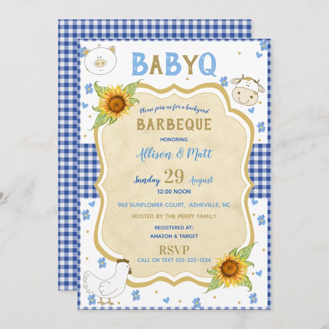 Invitation Country Sunflower Blue En vichy bébé Q Barbecue (Devant / Derrière)