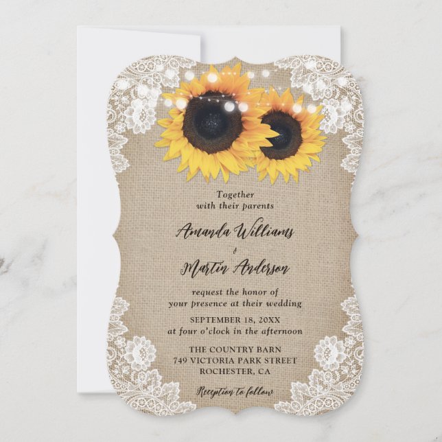 Invitation Country Sunflower Burlap Floral Mariage de dentell (Devant)