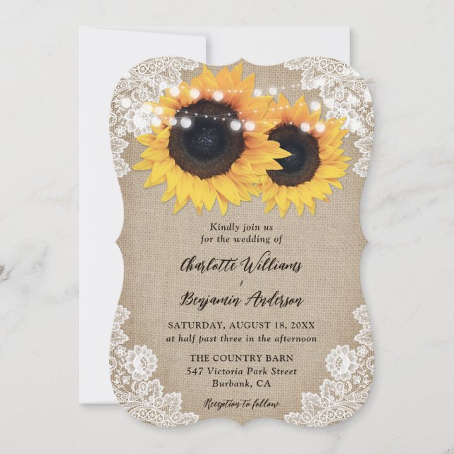 Invitation Country Sunflower Burlap Floral Mariage de dentell (Devant)