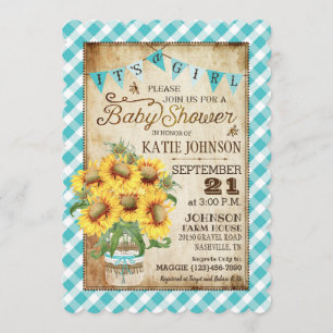 Invitation Country Sunflower En vichy Check Girl Baby shower