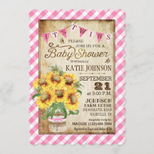 Invitation Country Sunflower En vichy Check Twins Baby shower
