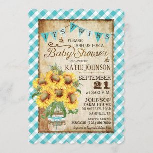 Invitation Country Sunflower En vichy Check Twins Baby shower