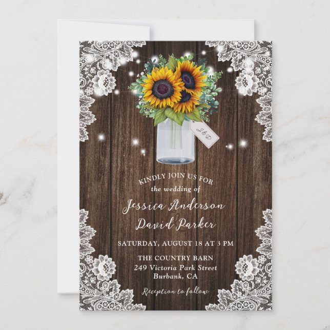 Invitation Country Sunflower Mason Jar Lace Mariage en bois (Devant)